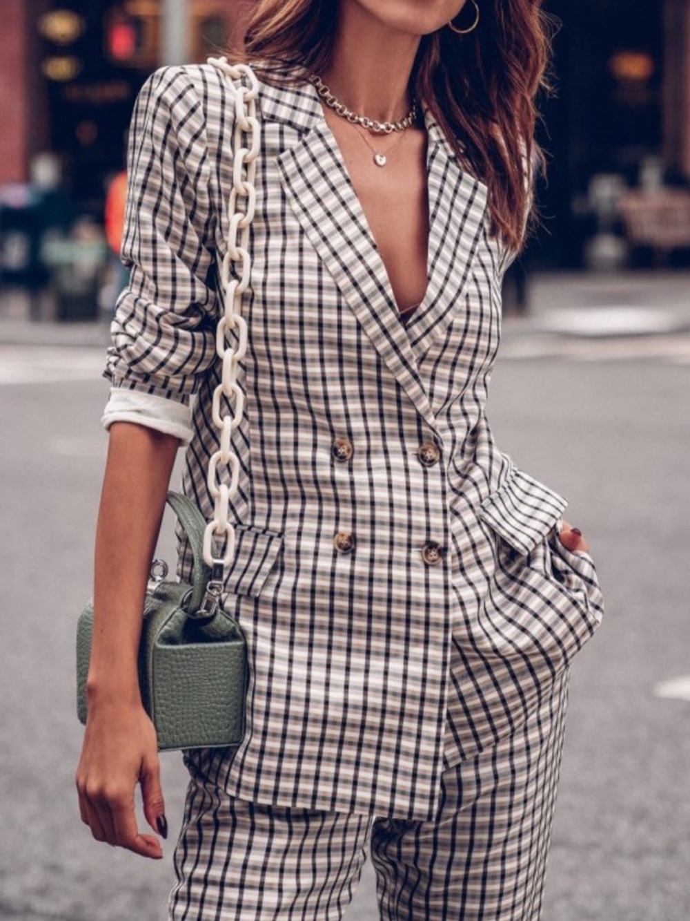 EXPRESS x Negin Mirsalehi Mixed Plaid Boyfriend Blazer Double Breasted Size S